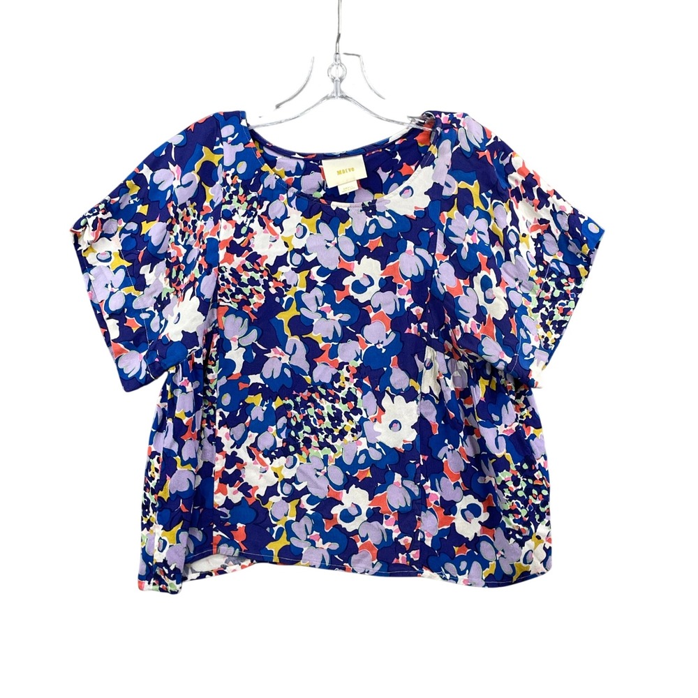 Maeve Floral Blouse Womens Small Blue Multicolor Short Sleeve Boxy Anthropologie